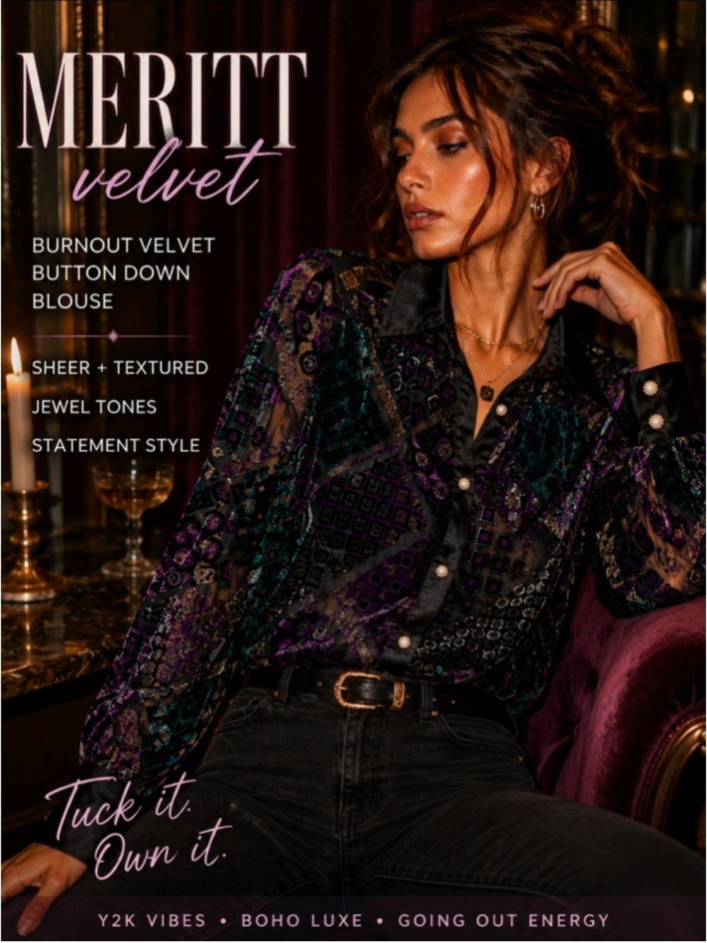 Meritt L Velvet Burnout Sheer Geometric Button Down Blouse Y2K